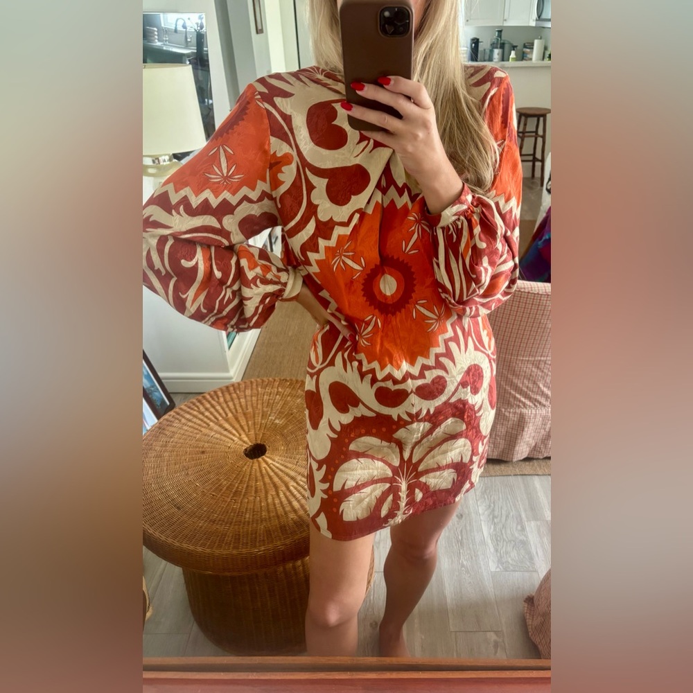 Johanna Ortiz Orange and Cream Printed Puff-Sleeve Mini Dress
